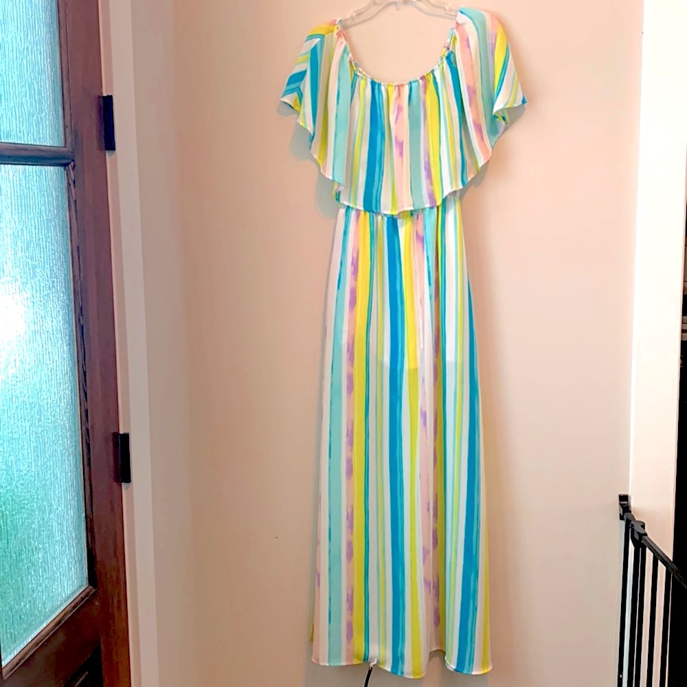 Peach Love Off Shoulder Striped Maxi